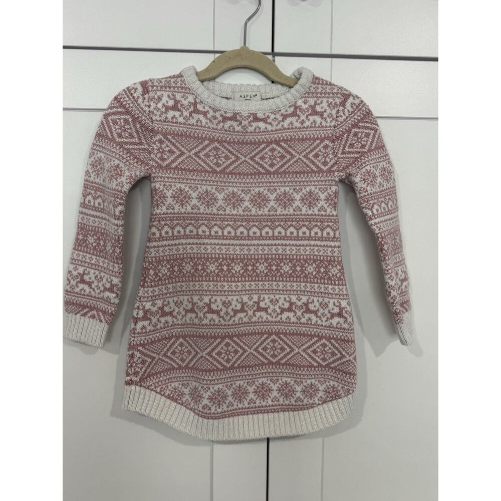 Aspen Fair Isle Sweater Dress Pink White Girls 3T Winter Long Sleeve Knee Length